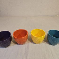 4 Ceramic Flower Pots with Floral Relief for Indoor Plants