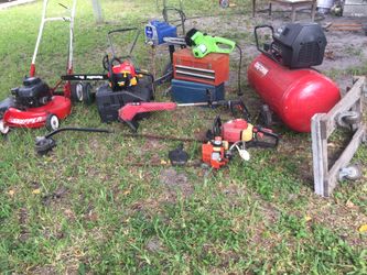 Compressor. Lawn Mower. Chain saw. Tool box. All tools for parts