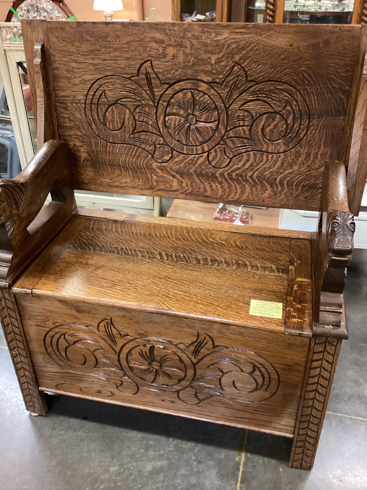 Antique Convertible Bench / Table With Storage  - Carved Tiger Oak