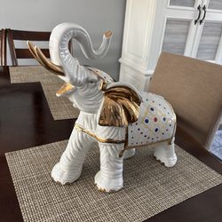 Porcelain Elephant Figurine Hand Painted Trunk Up