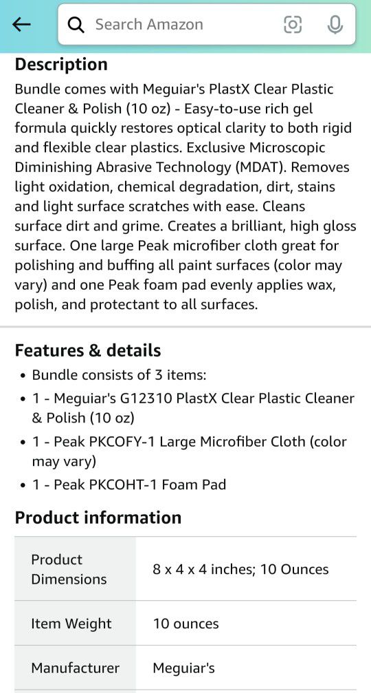 Meguiar's PlastX Clear Plastic Cleaner & Polish (10 oz) Bundle with  Microfiber Cloth & Foam Pad (3 Items)