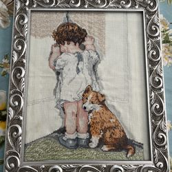 Vintage Needlepoint Picture Of Little Girl & Dog in Time-Out