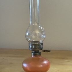 Decorative Vintage Oil Lamp w/ Amber Glass Base & Chimney 14”