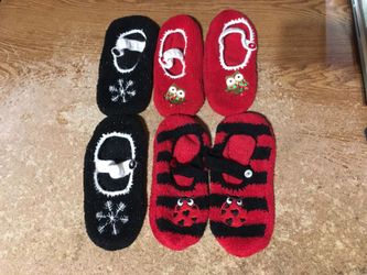 Three pairs of fuzzy slipper socks Christmas owl snowflake ladybug