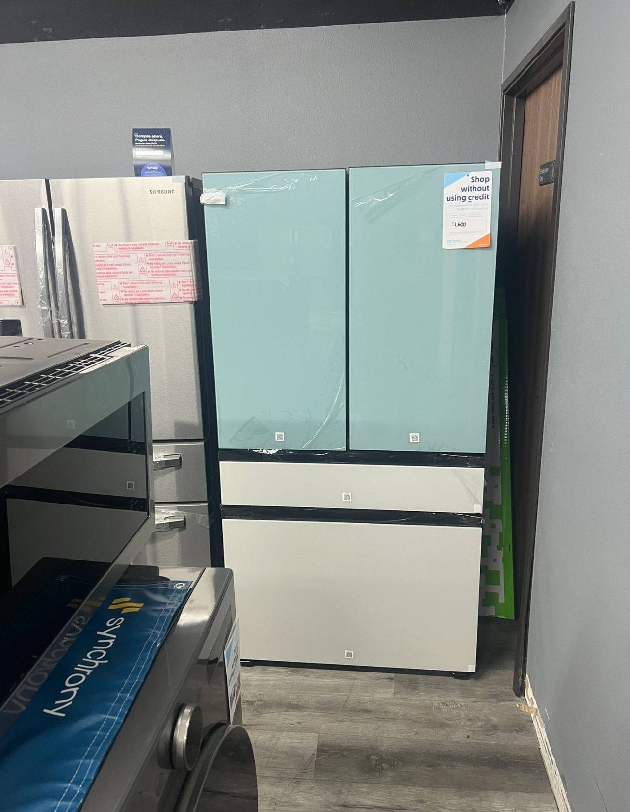 Samsung Bespoke 29 Cu Ft 4-Door French Door Refrigerator In White & Blue Glass Panels
