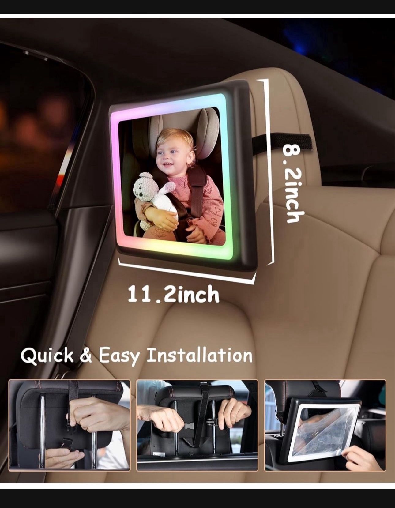 🔥 Baby Car Mirror with Light 1-Pack, 7 RGB Colors, 360° Adjustable Rear Facing Car Seat Mirror