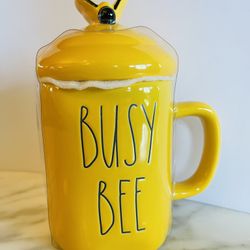 NEW Yellow BUSY BEE Rae Dunn Mug with Bumble Bee Topper Lid - So Cute!