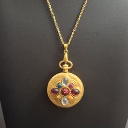 Vintage 60's-70's Victorian Revival Faux Gemstone Watch Pendant Necklace On 17.5"Chain - Excellent Condition