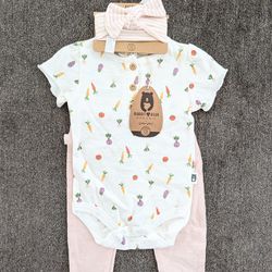 Rabbit + Bear 3 Piece 100% Organic Cotton Girl Outfit Set Size 6-9 Months NWT