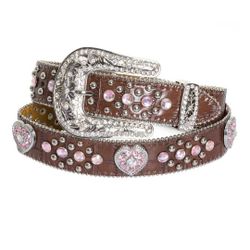 Nocona Brown Leather Girl's Western Style Belt W/ Pink Rhinestone 