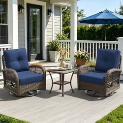 3-Piece Wicker Outdoor Rocking Chair Patio Conversation Set Swivel Chairs with Blue Cushions and Side Table