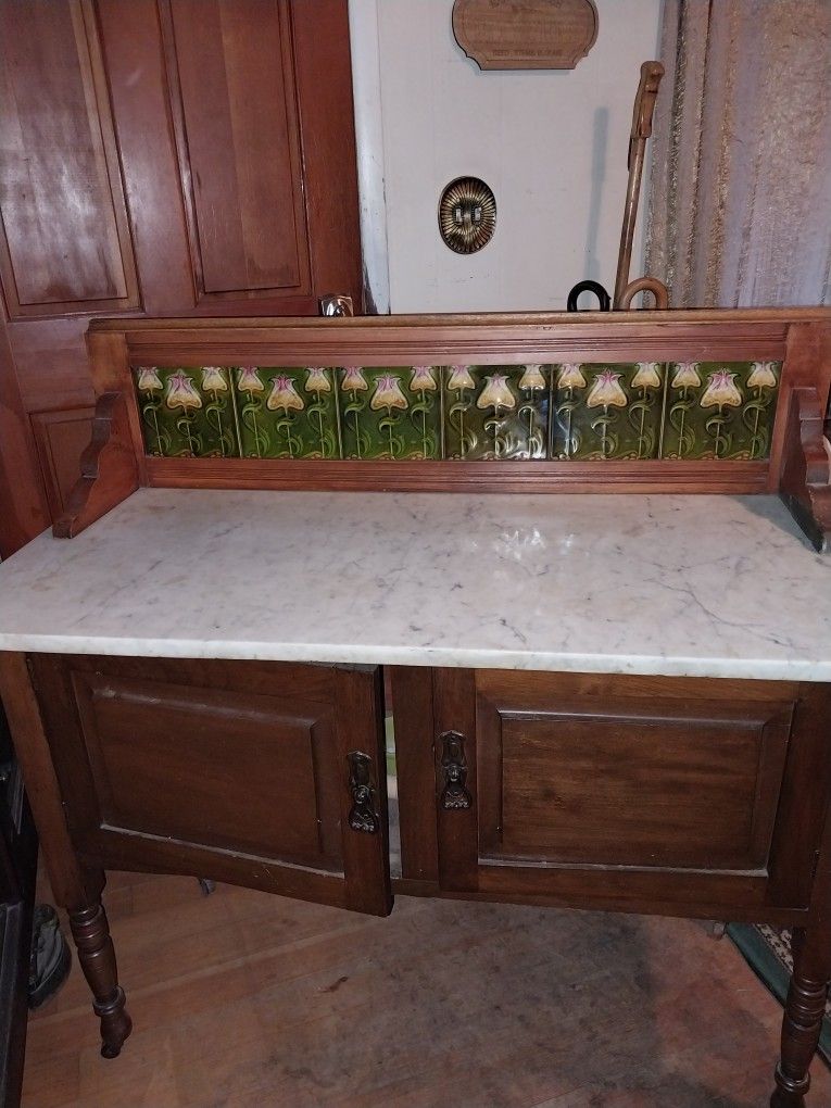 Antique Art Nouveau Marble Tile Washstand Cabinet