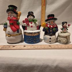 "Snowman" Porcelain Hinged Trinket Boxes-lot Of 4