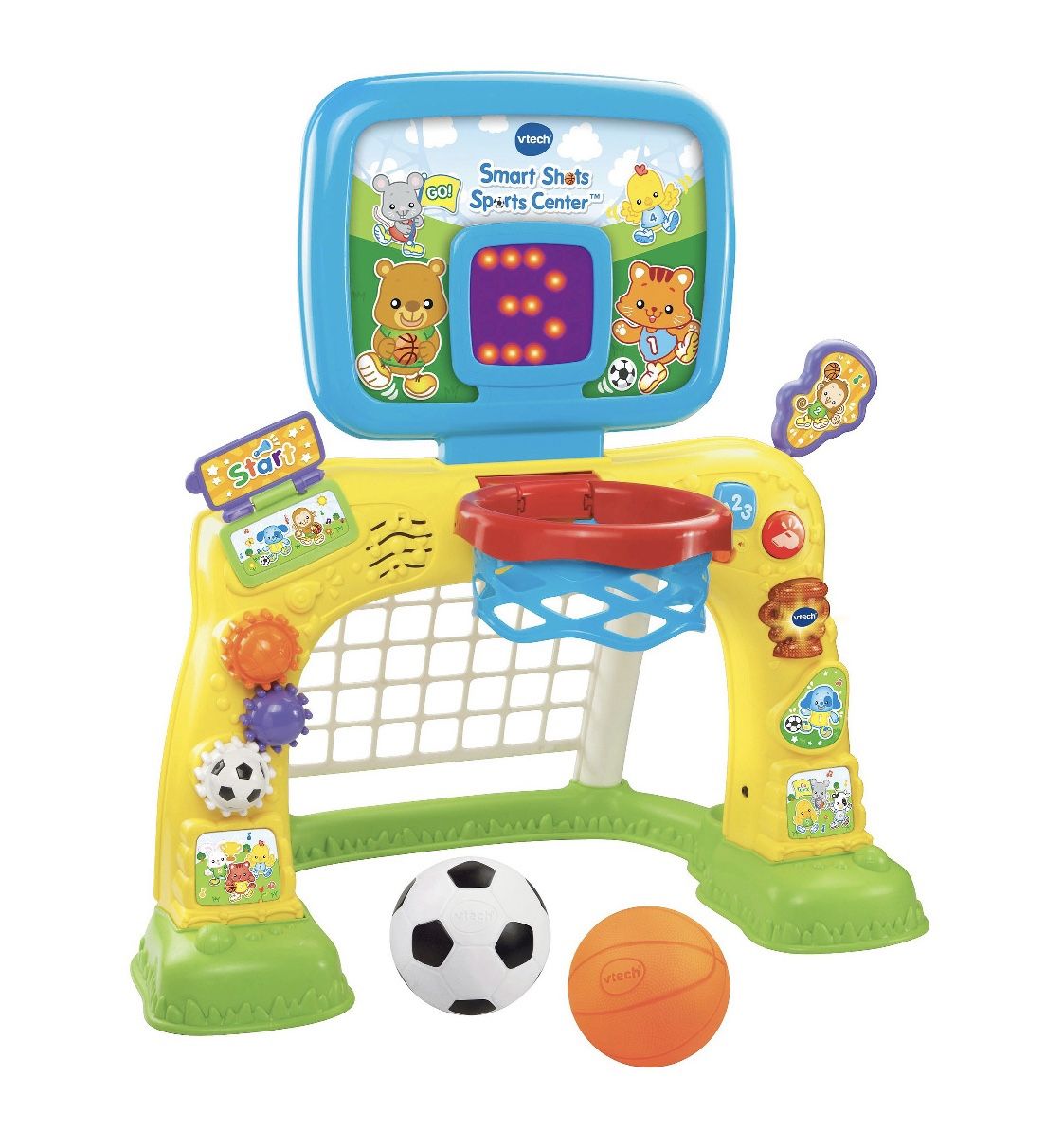 VTech Smart Shots Sports Center Toy Basketball Hoop comes with 2 balls