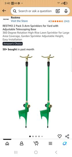 2 Pack 3-Arm Sprinklers for Yard with Adjustable Telescoping Base
360 Degree Rotation High-Rise Lawn Sprinkler for Large Area Coverage, Garden Sprinkl