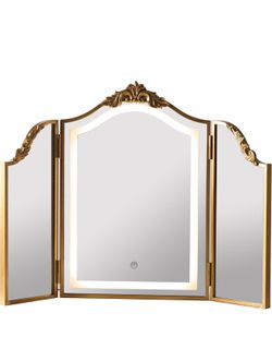 HSDDHOME Antique Gold Triple Fold Makeup Mirror with Tri-Color LED Lighting & Dimming, Baroque Carved Arch Vintage Vanity Mirror, Bohemian Decor for B