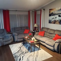 Couch, Love Seat,chair all Seats Reclined and 3 Coffee  Tables  and 2 Lamps.