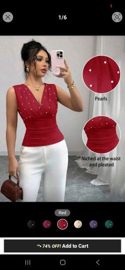 New Red Blouse W Pearls. XL