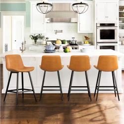 Abraham Whiskey Brown 24 in. Low Back Metal Frame Faux Leather Upholstered Cushioned Counter Height Bar Stool (Set of 42