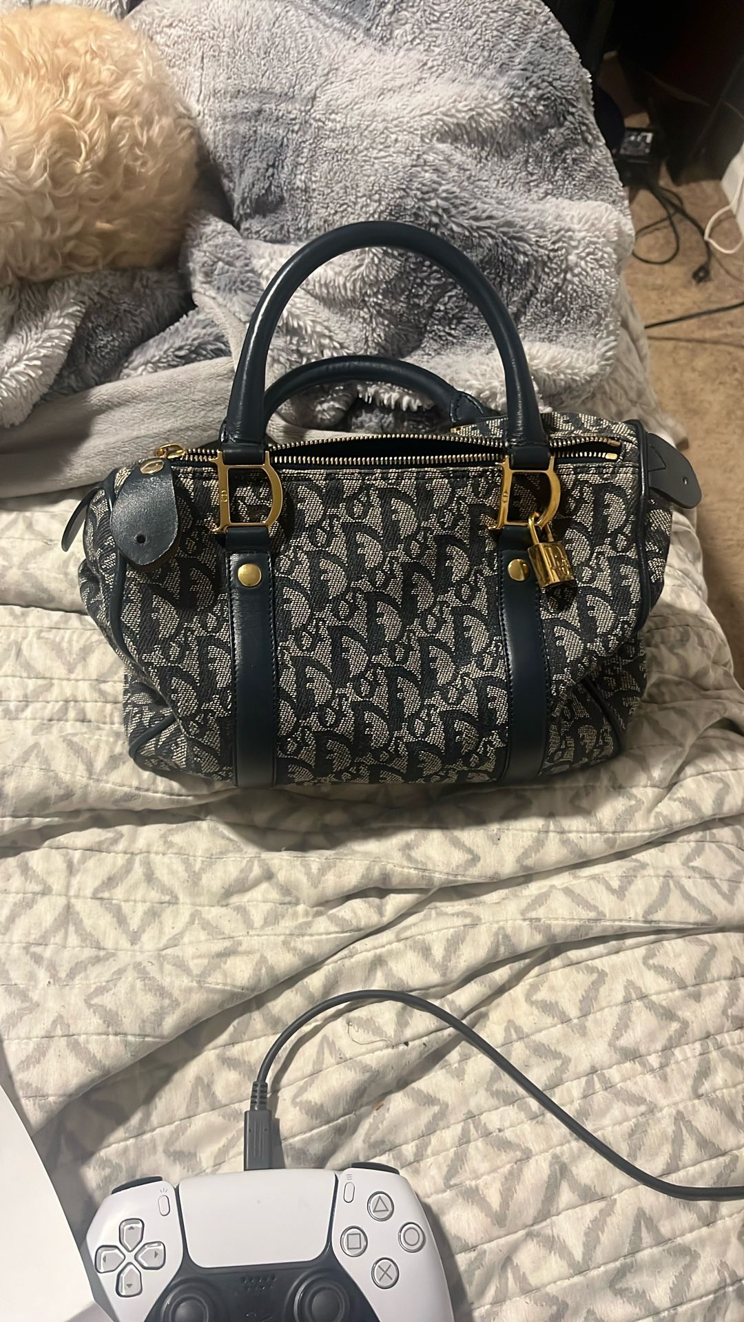 Christian Dior Oblique Canvas Leather Boston Hand Bag Navy