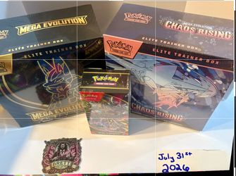 70$ chaos rising ETB  120$ mega evolutions ETB  40$ pitch dark booster pack