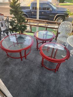 Red Round Glass Top Coffee and End Table Set