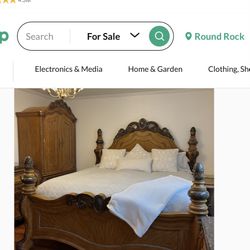 Elegant Mansion size King Wood & Marble Bed & Dresser With Curio