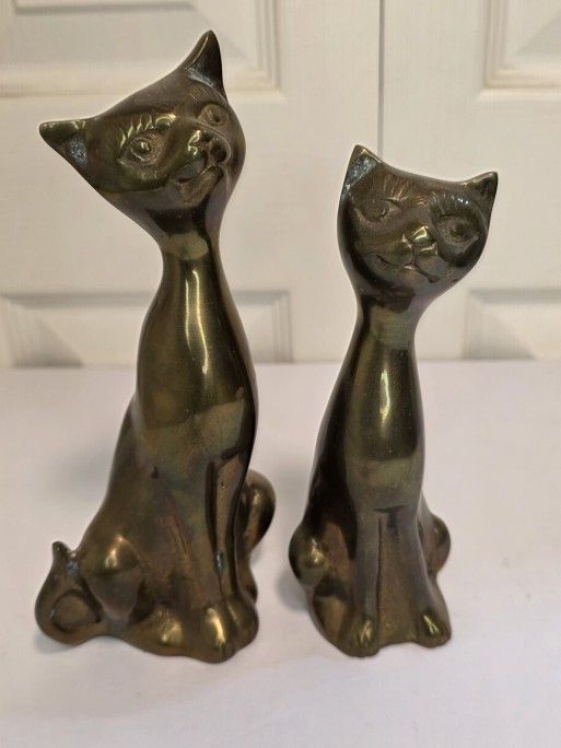 2 Vintage MCM Brass Cat Figurines Mid Century Modern Siamese