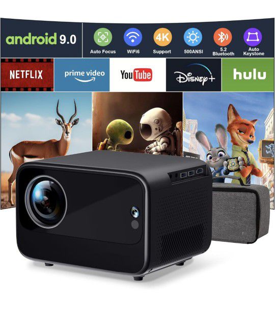 Brand New Projector 4K with Android OS 1080P Native 500 ANSI,  Smart Projector with WiFi 6 and Bluetooth, Portable Outdoor Projector Built-in Apps
