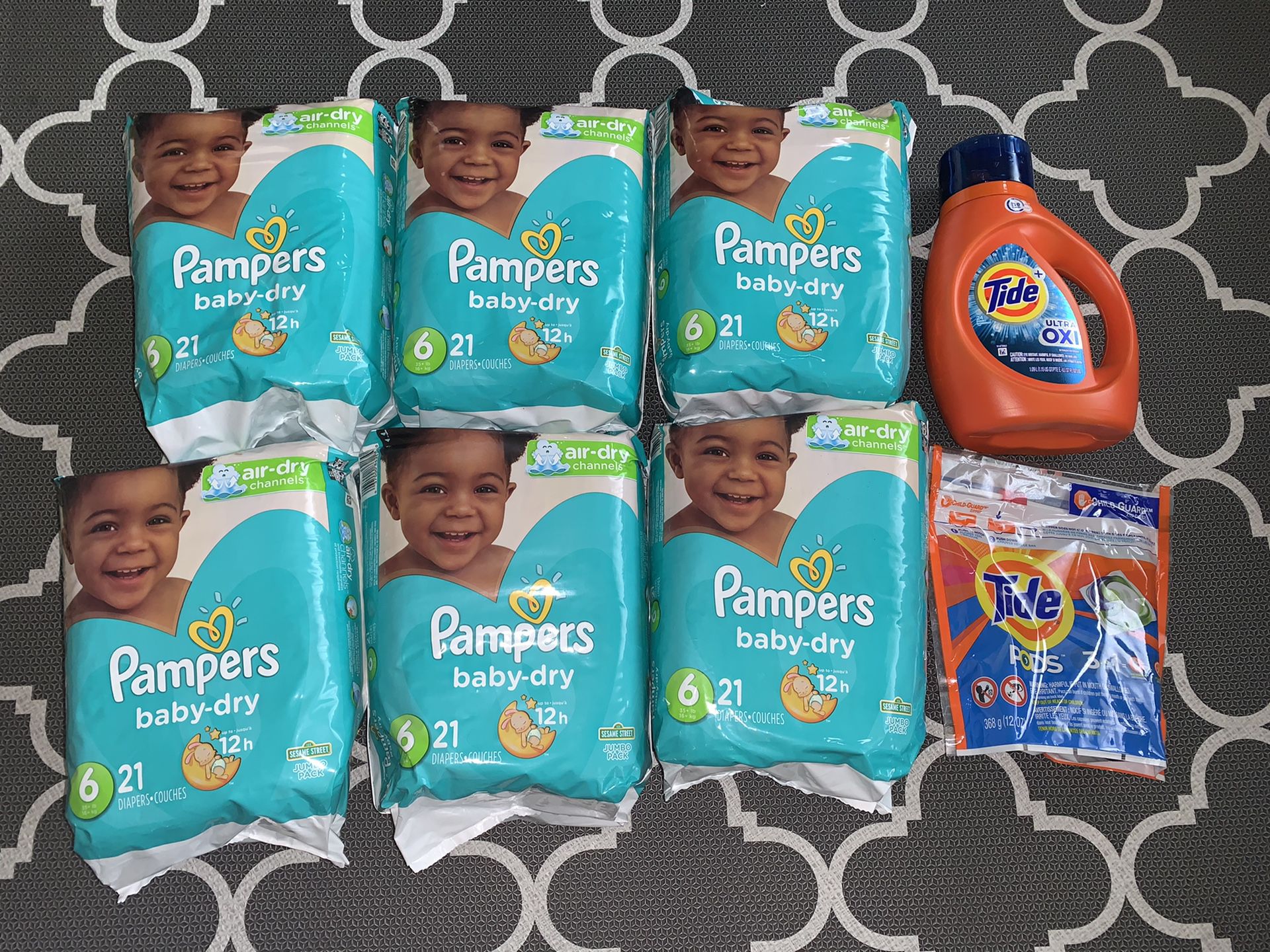 Brands New packs (6) of Pampers Baby Dry diapers, Tide pods and Tide detergent