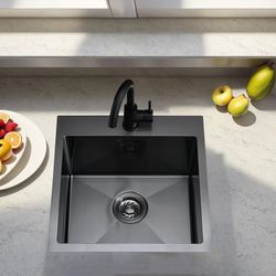 18x18 inch Drop in Bar Sink Black, Topmount Stainless Steel Small Kitchen Sink for Laundry Wet Bar Prep RV Office Outdoor Yard with Dish 818 BW