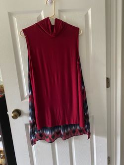 Red cotton front / black patterned chiffon back sleeveless blouse