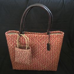 Lauren Ralph Lauren Straw Tote Bag With Mini Bag  Red 19"(with Handle)x14"x5"