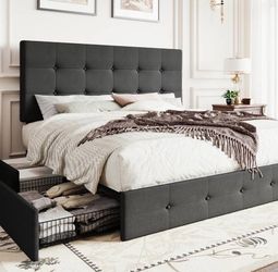 Queen Size Platform Bed Frame with 4 Storage Drawers, Adjustable Headboard with