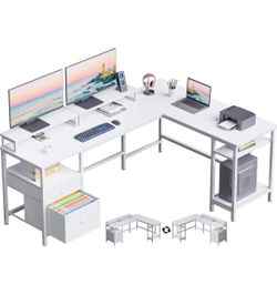 Furologee White 66" L Shaped Desk with Shelves, Reversible Corner Computer Desk with File Drawer & Dual Monitor Stand, Large Home Office Table Writing