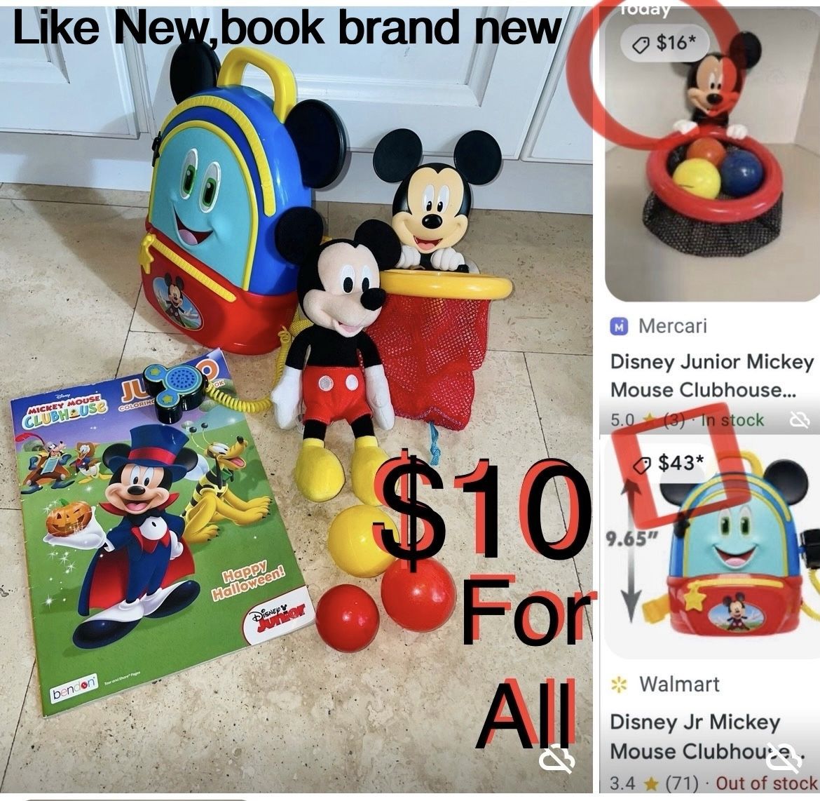 $10 For All Disney Mickey Mouse Toys Backpack batteries included,plushy,activity Book,ball hoop