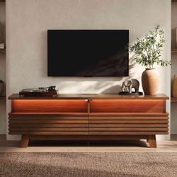 HAUOMS 59 Inch TV Stand with Cable Management and Hidden Power Station Fluted Modern TV Cabinet with Storage and LED Lights