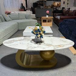 Modern Oval Coffee Table for Living Room, Marble Pattern Sintered Stone Coffee Tabletop with Gold Stainless Steel Base (White)   💰260$