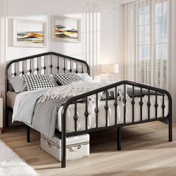 Queen Size Platform Metal Bed Frame with Chic Headboard and Footboard, Modern Design with Storage Space, Easy Assembly, Black