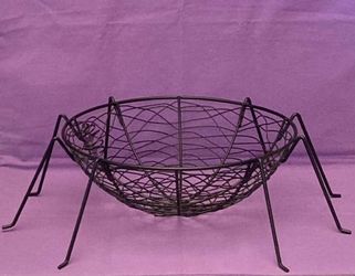 Halloween spider web black wire tabletop basket with purple spider