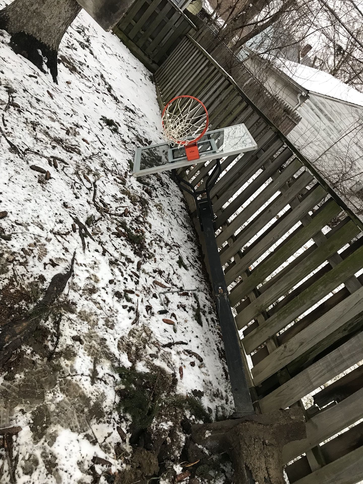 One year old basketball hoop, no wheels needs to be cemented into the ground.