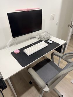 Modern White Desk Setup w/ Monitor, Chair & Accessories