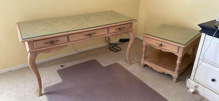 Wood Desk and End Table w/Glass Tops by Hickory Manufacturing Co.