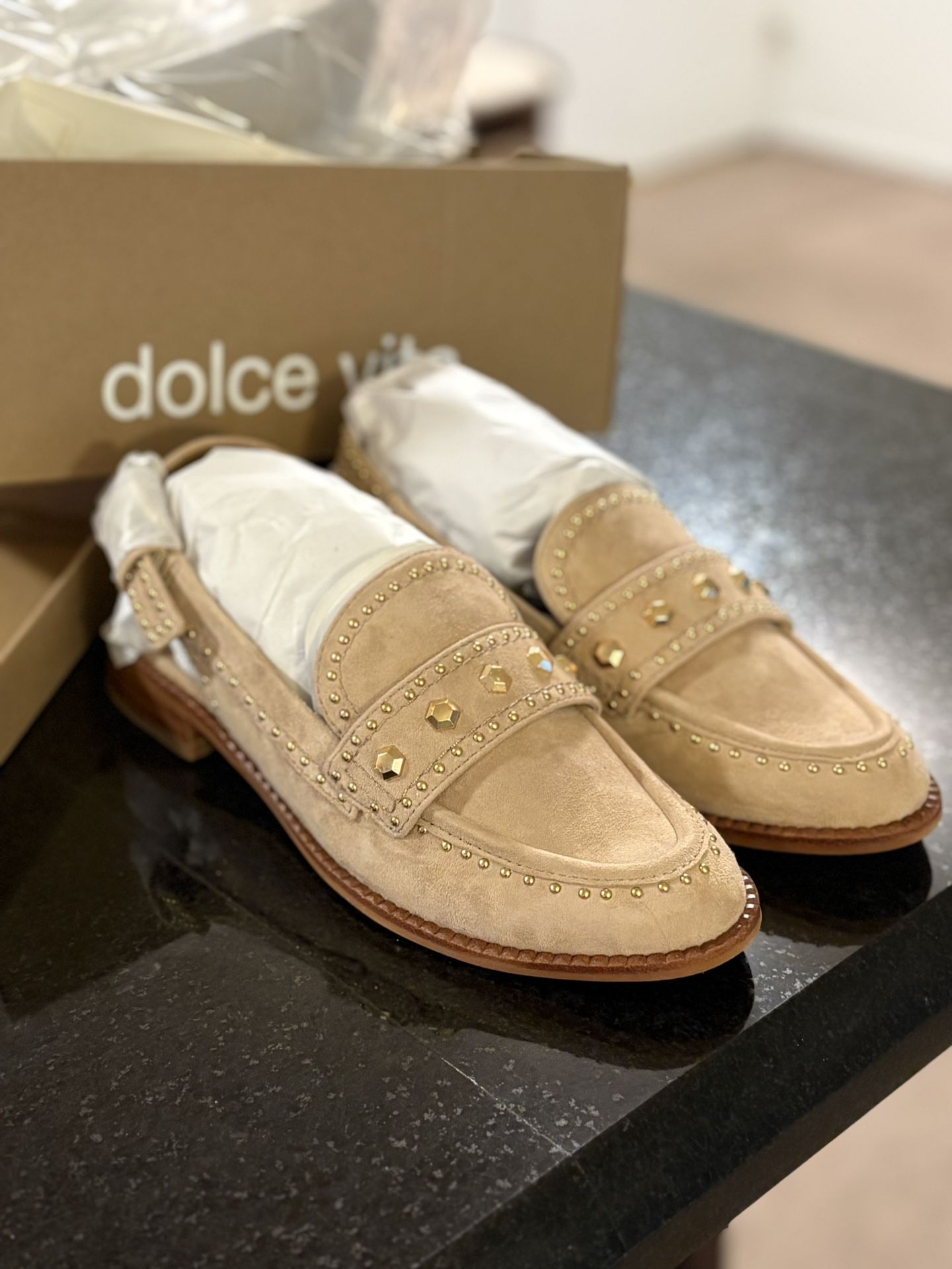 Brand New Size 8 Dolce Vita Suede Gold Studded Sling Back Flats