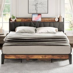 King Size Bed Frame, Storage Headboard with Charging Station, Solid and Stable, Noise Free, No Box Spring Needed, Easy Assembly  Top highlights Size K