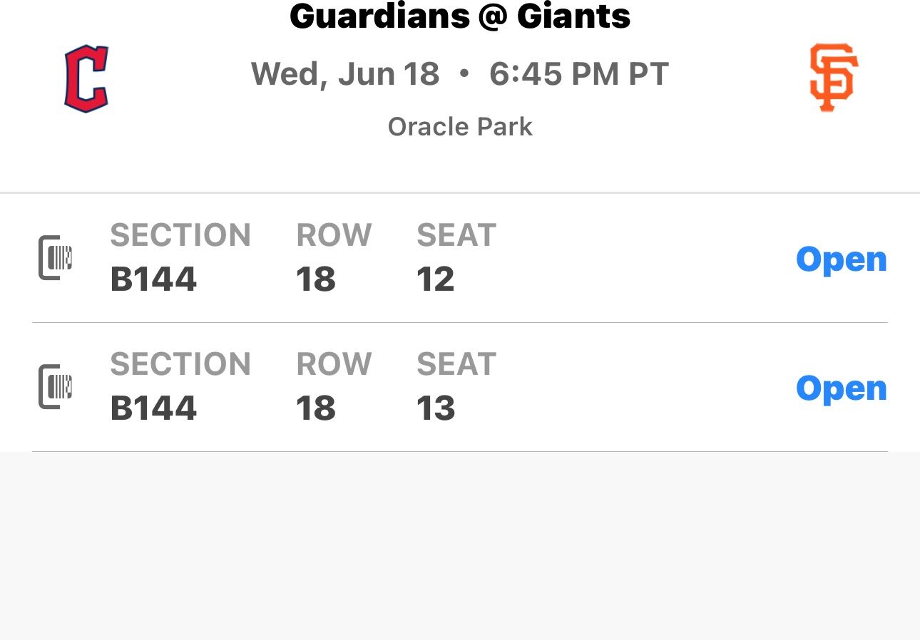 San Francisco Giants versus Cleveland guardians two bleacher tickets
