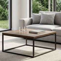 30" Square Coffee Table, Walnut Wood Center Table for Living Room, Modern Industrial Metal Frame, Extra Thick 1.2" Top,