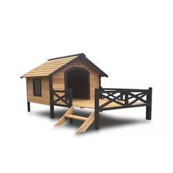Wooden Cabin House Style Dog House, Outdoor Large Dog Kennel with Porch with Weather-Resistance Roof and PVC Curtain, Dog Crate with Openable Roof for