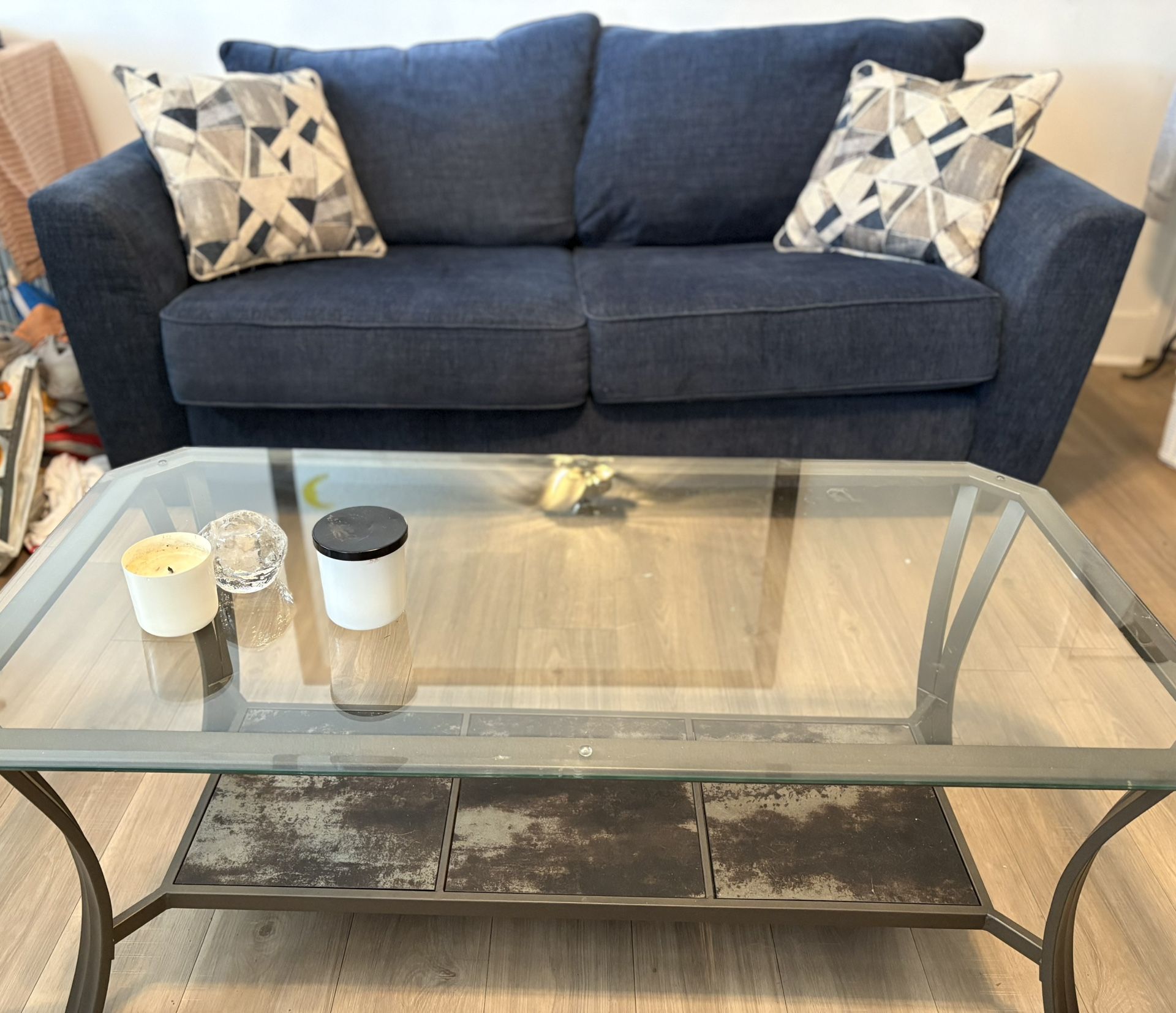 Sleeper Sofa & Glass Coffee Table Set