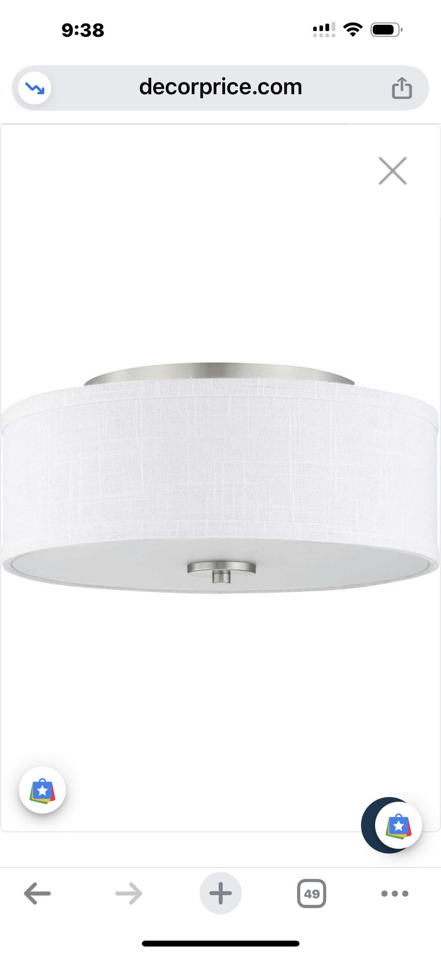 New 2 Light 13” W Flush Mount in Brushed Nickel with Fabric Shade, Dimmable